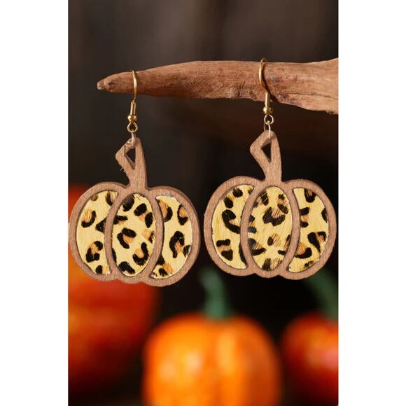 Halloween Pumpkin Leopard Pattern Hollowed Out wood and Leather Earrings - Picture 2 of 3